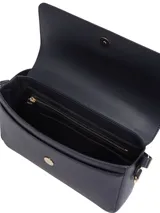 Cartera mensajera Tommy Hilfiger azul marino con monograma TH, asa superior, correa de textil trenzado ajustable y extraíble, bolsillo interior con cremallera, monedero extraíble con cremallera y detalles distintivos de la marca.