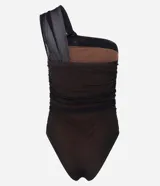 Body negro de tule con un solo hombro y detalle de nudo en el busto.