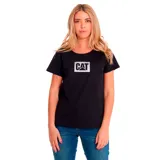 Remera negra de manga corta con cuello redondo y logo metálico de CAT estampado en el pecho.