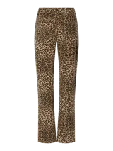 Pantalón de jean de corte recto con estampado de leopardo en tonos marrones.