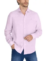 Camisa de manga larga blanca de lino orgánico con tejido melange, cuello clásico, cierre con botones y logo bordado al tono.