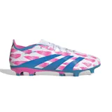Championes de fútbol Adidas Predator League, color blanco con detalles en rosa y azul.