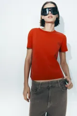 Camiseta marrón de algodón con cuello redondo y mangas cortas.