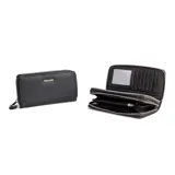 Monedero negro de simil cuero con doble cierre metálico y múltiples compartimentos internos para tarjetas y billetes.