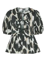 Blusa estampada con mangas abullonadas y lazos en el escote.