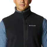 Chaleco de polar Columbia Fast Trek para hombre, color azul marino con cierre y detalles en azul eléctrico. Cuenta con cuello alto, bolsillos laterales con cierre y bolsillo en el pecho con cierre.
