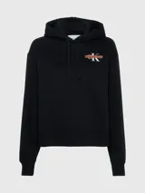 Buzo negro de corte relaxed, con capucha ajustable con cordón, puños y bajo acanalados. Presenta un logo de Calvin Klein Jeans estampado en el pecho.