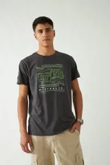 Remera gris de manga corta con estampa frontal con la palabra "Surfing" y el logo de Mistral Co.