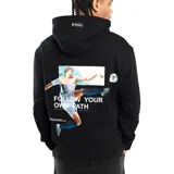 Canguro negro con capucha y cordones ajustables. Estampado con logo en el pecho.