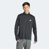 Camiseta deportiva Adidas de manga larga, color gris oscuro, con cierre de cremallera corto en el cuello y logo blanco estampado en el pecho. Confeccionada con tejido transpirable AEROREADY.