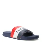 Sandalias tipo ojotas azules con franjas rojas y blancas en la tira superior, con la palabra "Nacional" estampada.