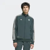 Campera Adidas de la Juventus, color verde oscuro con rayas blancas en las mangas. Tiene cierre frontal, cuello alto, bolsillos laterales y escudo de la Juventus bordado en el pecho.