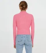 Polera verde de punto acanalado, con cuello alto y mangas largas.