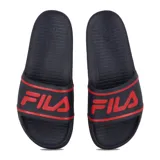 Chanclas Fila Sleek Slide color azul marino con logo Fila en rojo.