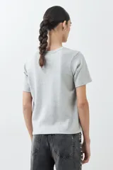 Remera de manga corta color gris claro con logo pequeño en la manga.