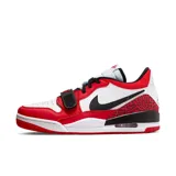 Championes Air Jordan Legacy 312, color blanco, rojo y negro, con detalles de estampado de elefante en el talón y correa ajustable en el empeine.