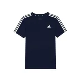Remera Adidas Essentials color azul marino con cuello redondo y mangas cortas. Presenta las tres tiras blancas características de la marca en los hombros y el logo bordado en el pecho.