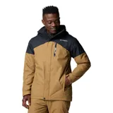 Campera de esquí Columbia Last Tracks Jacket para hombre, color marrón claro con detalles en negro. Impermeable, transpirable y termorreflectante, con capucha ajustable y extraíble, faldón para nieve, bolsillos con cremallera y dobladillo ajustable.