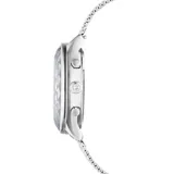 Reloj cronógrafo con caja de acero inoxidable de 37 mm, tono plateado, y bisel de cristal facetado. La esfera es blanca iridiscente con tres sub-esferas (contador de minutos, segundos y horas) y manecillas en tono oro rosa. Posee un brazalete de malla milanesa de acero inoxidable.