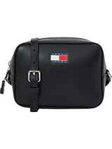 Bandolera negra de Tommy Jeans con correa ajustable, logo de la marca en el frente y cierre superior.