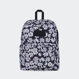 Mochila con estampado de flores en blanco y negro, cuenta con funda acolchada para laptop y múltiples bolsillos.