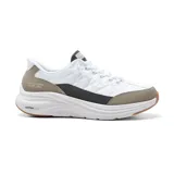 Championes deportivos Skechers Slip-ins Contour Foam, color blanco con detalles en gris y marrón. Capellada acolchada con cordones elásticos, plantilla Air-Cooled Memory Foam y suela de goma con tecnología Contour Foam.
