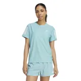 Remera deportiva Adidas color celeste con logo blanco en el pecho y tres tiras blancas en las mangas.