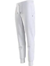 Pantalón de jogging gris claro de corte recto y cónico, con cintura elástica ajustable con cordón, bolsillos laterales y trasero. Logo de la marca bordado en el lateral.
