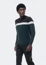 Sweater de punto con cuello redondo, mangas largas y diseño a rayas horizontales en tonos marrón, blanco y verde oscuro.