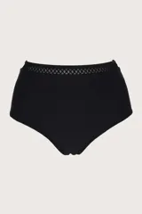Calzón de bikini negro de tiro alto con detalle de calado geométrico en la cintura.