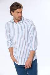 Camisa de manga larga con cuello abotonado, confeccionada en lino a rayas verticales azules y grises.