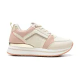 Championes Korium color blanco y rosa con detalles dorados, plataforma y cordones.