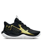 Championes de básquet Under Armour UA Jet 23 para hombre, color negro con detalles dorados y logo de la marca en el lateral. Suela blanca con tecnología Micro G® para amortiguación y capellada resistente para uso dentro y fuera de la cancha.