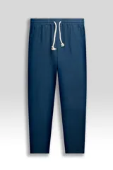 Pantalón azul índigo de lino premium con cintura elástica, cordón de algodón, bolsillos laterales y bolsillo trasero.