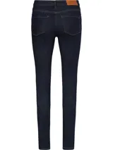 Jeans de calce ajustado color azul oscuro, con diseño de cinco bolsillos, cierre de botón y cremallera, detalles distintivos de Tommy Hilfiger y logo sobre el bolsillo posterior.