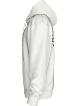 Buzo blanco con capucha y cordones ajustables, bolsillo tipo canguro y logo CK bordado en el pecho.
