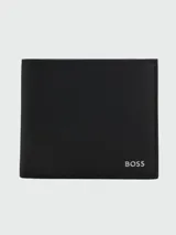 Billetera de diseño billfold en color negro con acabado texturizado y logo de la marca BOSS en el frente.