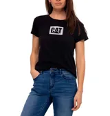 Remera negra de algodón con cuello redondo y logo de CAT estampado en el pecho.