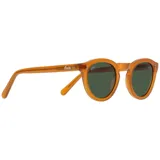 Lentes de sol con montura redonda color miel y lentes verdes.