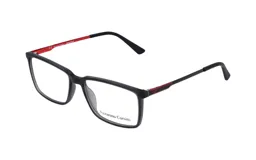 Armazones de gafas de acetato color negro con detalles en rojo, modelo unisex.