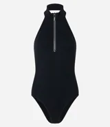 Body negro de poliamida seamless, con cuello halter y cierre frontal con cremallera.