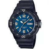 Reloj Casio MRW200H con caja de resina negra, esfera azul con números arábigos dorados, agujas luminiscentes y calendario.