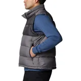 Chaleco acolchado Columbia Pike Lake II para hombre, con aislante térmico y forro termorreflectante Omni-Heat. Diseño en bloques de color negro en la parte superior y gris en la inferior, con cierre frontal y bolsillos laterales con cremallera. Logo de Columbia bordado en el pecho.