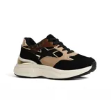 Championes deportivos de mujer, estilo chunky, en tonos beige, crema y marrón claro. Presentan detalles en glitter dorado en forma de estrella en el lateral, apliques metálicos dorados en el talón y suela gruesa blanca con base de goma marrón.