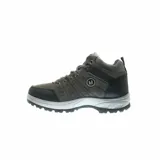 Botas de trekking color gris con detalles en negro, con cordones y logo "M" en el lateral.