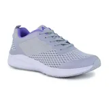 Championes deportivos grises con detalles en lila, capellada de mesh y suela blanca con tecnología memory foam.