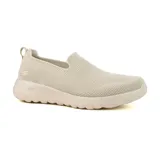 Championes Skechers GOwalk Joy - Sensational Day color beige, con capellada de malla deportiva transpirable, plantilla Air Cooled Goga Mat, media suela con amortiguación 5GEN y suela flexible con tracción.