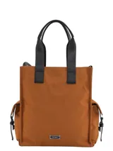 Bolso tipo tote color marrón con asas cortas negras, bolsillos laterales con broche imán y forro interior con bolsillos.