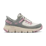 Championes deportivos Skechers Slip-ins Summits AT para mujer, color gris con detalles en blanco y rosa. Capellada de malla y material sintético, tecnología Heel Pillow y plantilla Air-Cooled Memory Foam.