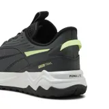 Championes Puma Extend Lite Trail color gris oscuro con detalles en verde flúor, ideales para trail running.